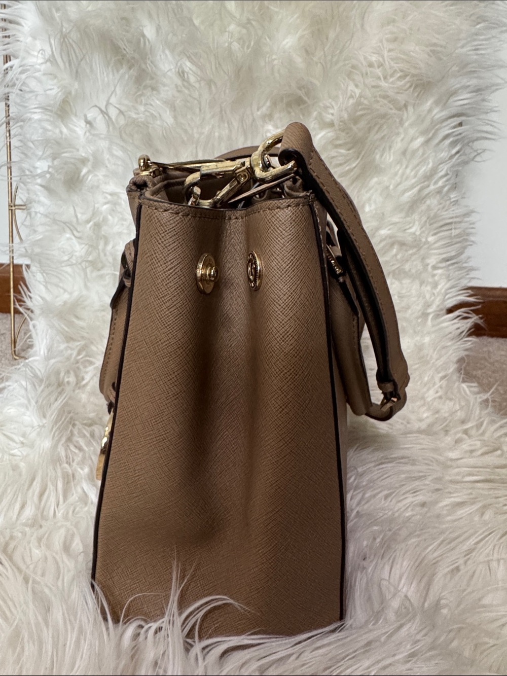 MICHAEL KORS Taupe Saffiano Leather Satchel with Gold Hardware - Picture 7 of 10